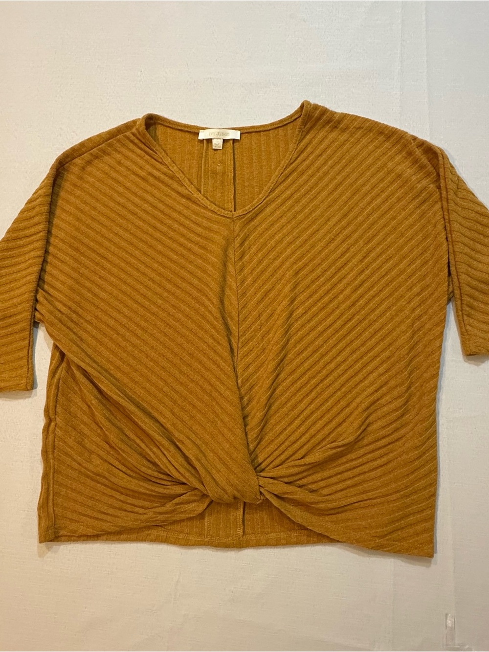 Ivy & Sage Ribbed Twist Front Mustard Knit Top Large Boho